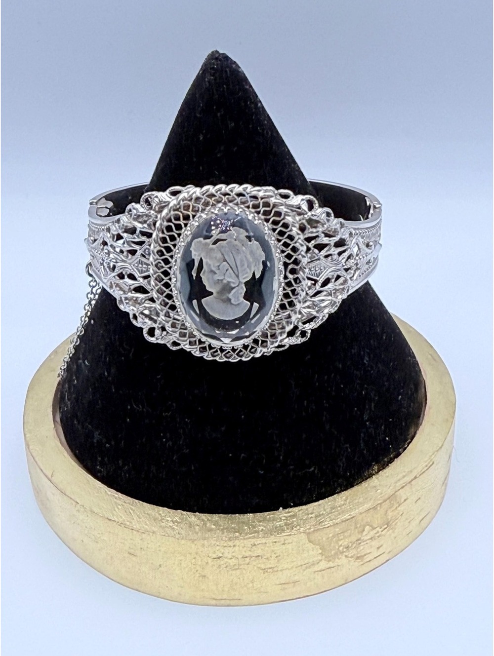 Whiting & Davis Cameo Bracelet, Intaglio Glass Cuff, Silver Tone Filigree Bangle